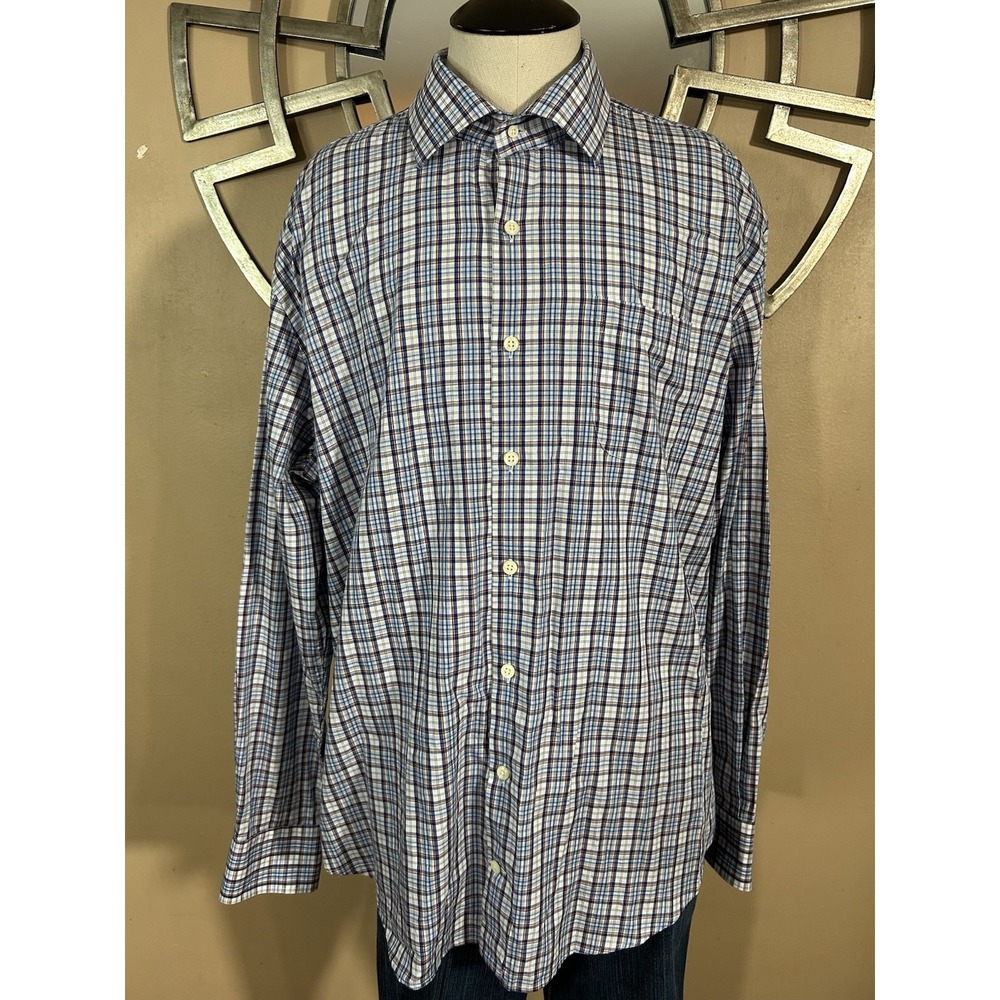 Peter Millar XL 100% Cotton Long Sleeve Button Up Plaid Shirt Blue